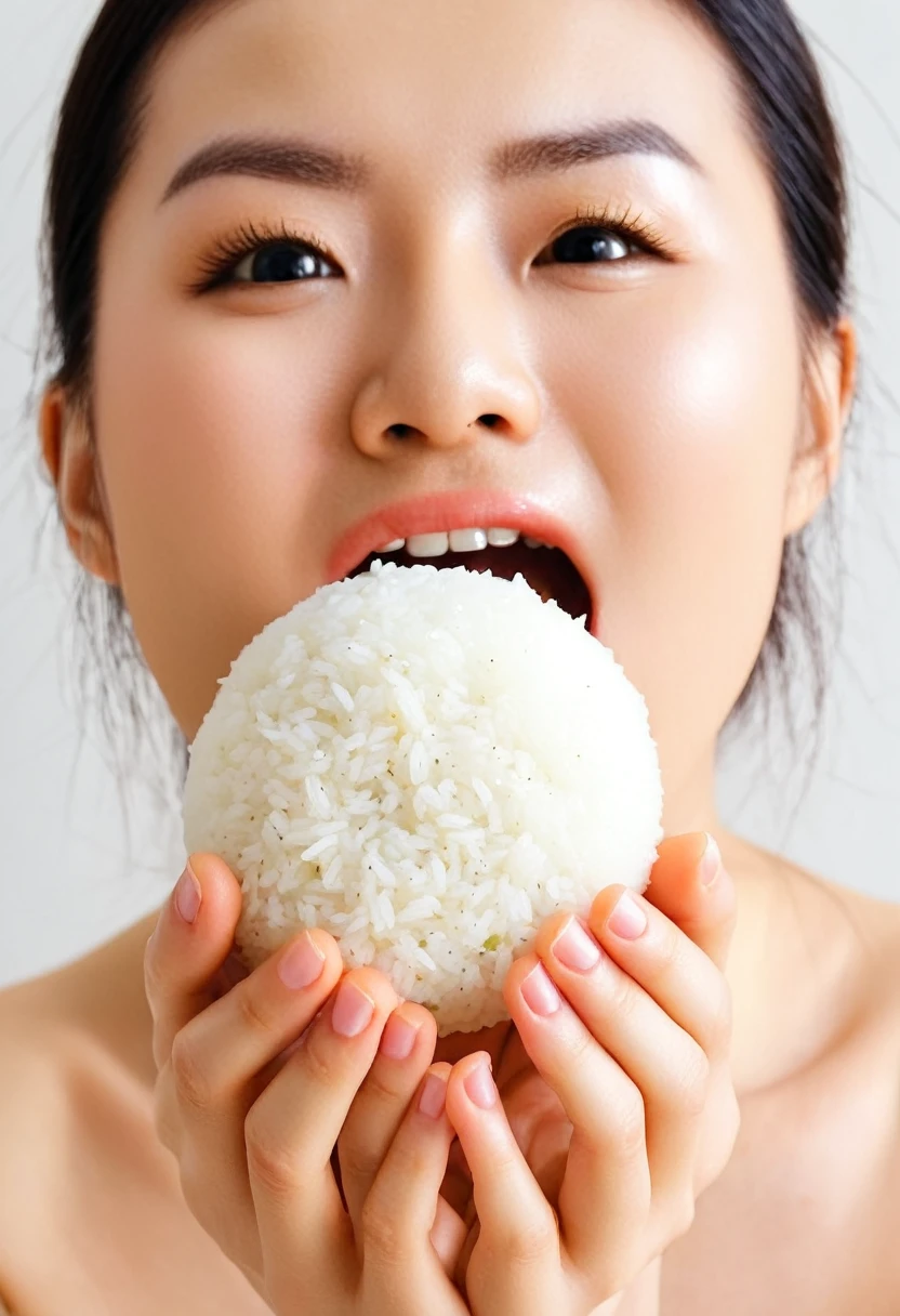 Image of a person holding a rice ball (rice ball) Open your mouth, Bring the rice ball to your mouth.