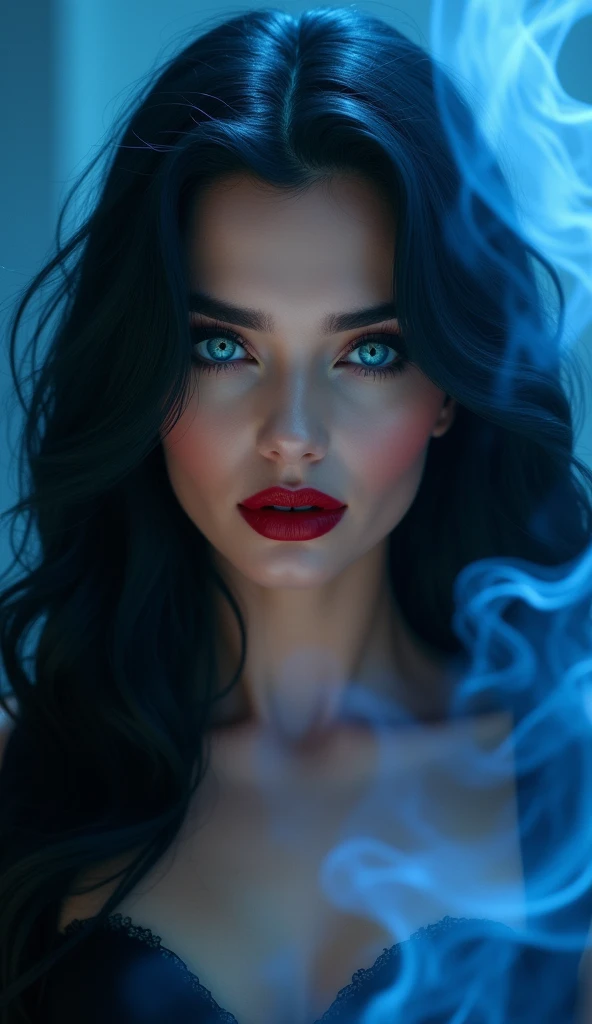 1 ultra hot gorgeous European woman. Age 23., close up, beautifully evil model, sophisticated sorceress, powerful goddess, super villainess, hourglass figure, purple dress, symmetrical, highly detailed face, long flowing black hair, mesmerizing blue eyes, lush red lips, coy smile, enticing, alluring, facing viewer, looking at viewer, blue smoke swirls around her, real, high detail, best quality.