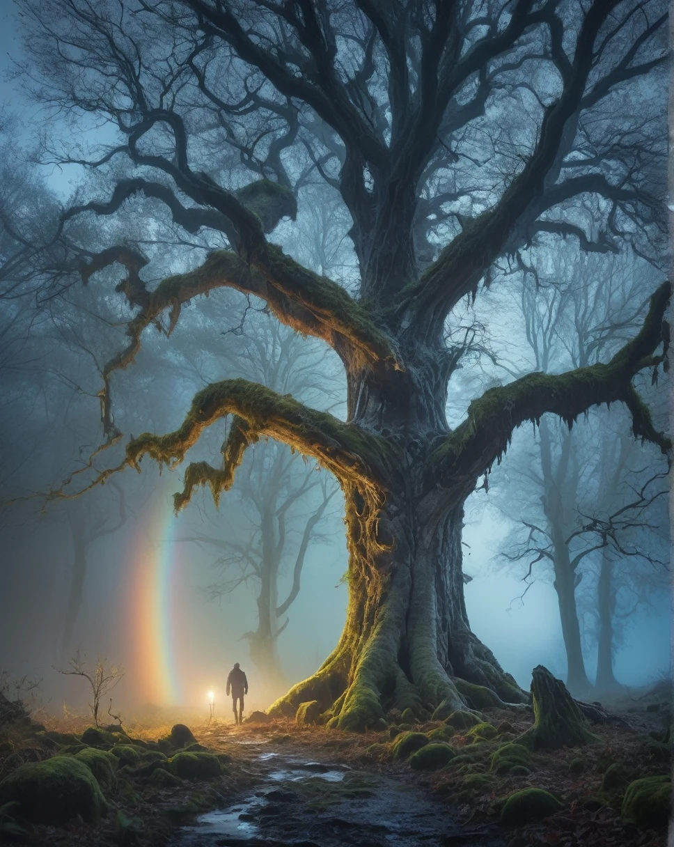 A mystical forest shrouded in mist, towering trees with moss-covered trunks, soft glowing light filtering through dense foliage, a luminarial horndia gracefully walking in the foreground, its rainbow-colored horn casting gentle light, small flowers blooming in its path, a frostwing whisper fluttering in the midground, its icy wings leaving a trail of frost, a grimstone entity standing by an ancient, cracked tree in the background, pale moonlight illuminating the scene, faint stars in the night sky, cold air with a subtle mist, a balance of cool blues and warm rainbow hues -- night time, fantasy, ethereal, serene, detailed.