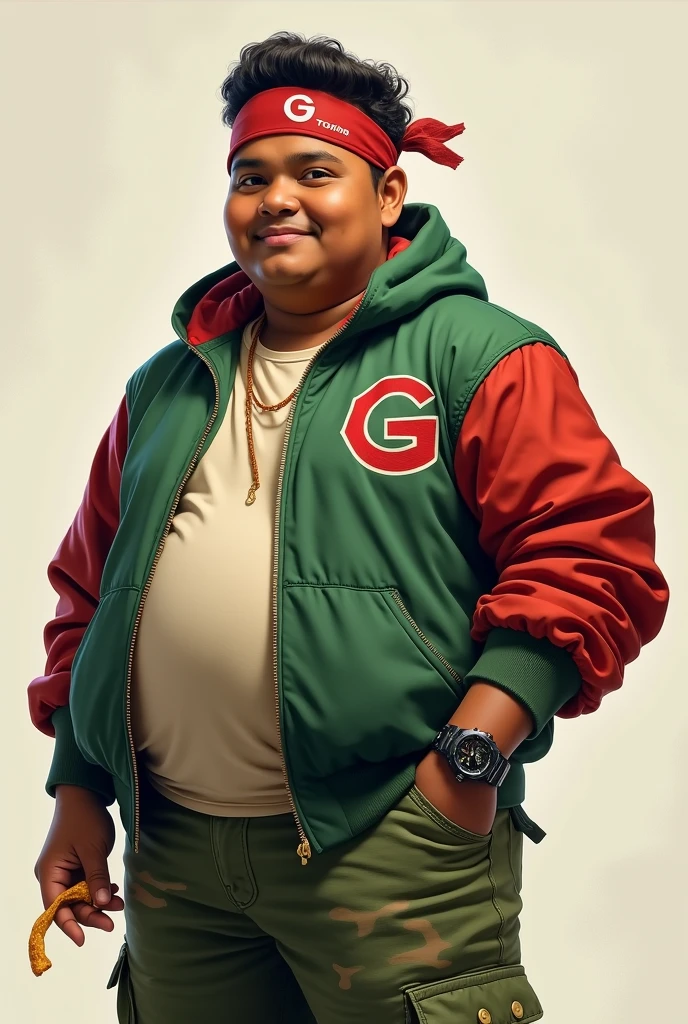 Realist, masterpiece.Real fat guy. . Wear head band ((red white)). Green jacket , red "G" logo on body. India man. Average 15 year oldock watch. Fat bulking . Cargo pant green camouflage. Hand holding food.