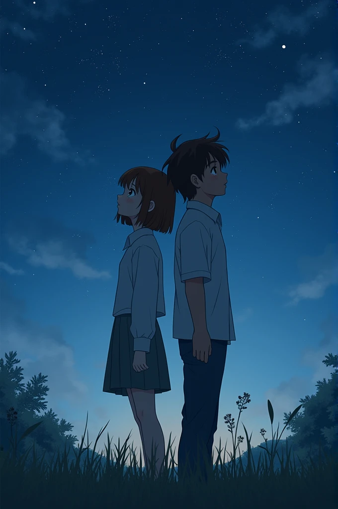 Create a girl with Japanese features, Brown hair with bangs and eyes of the same color but dark. On the side, a boy with French features, brown hair approaching black and blue eyes. Both watching the stars, with their backs to each other.