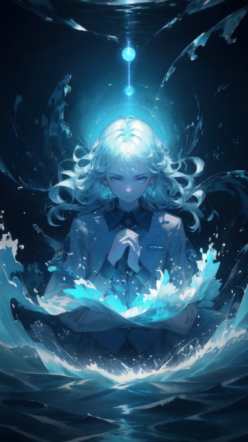 A powerful, ethereal entity with a frustrated expression, floating in a turbulent blue ocean of cryptocurrency. Bitcoins and dollar coins are scattered in the waves, and the figure is trying to control the chaos around them. The deep blue background reflects the overwhelming nature of the financial market, with the words 'Weak Hands Shakeout' subtly integrated into the swirling water.