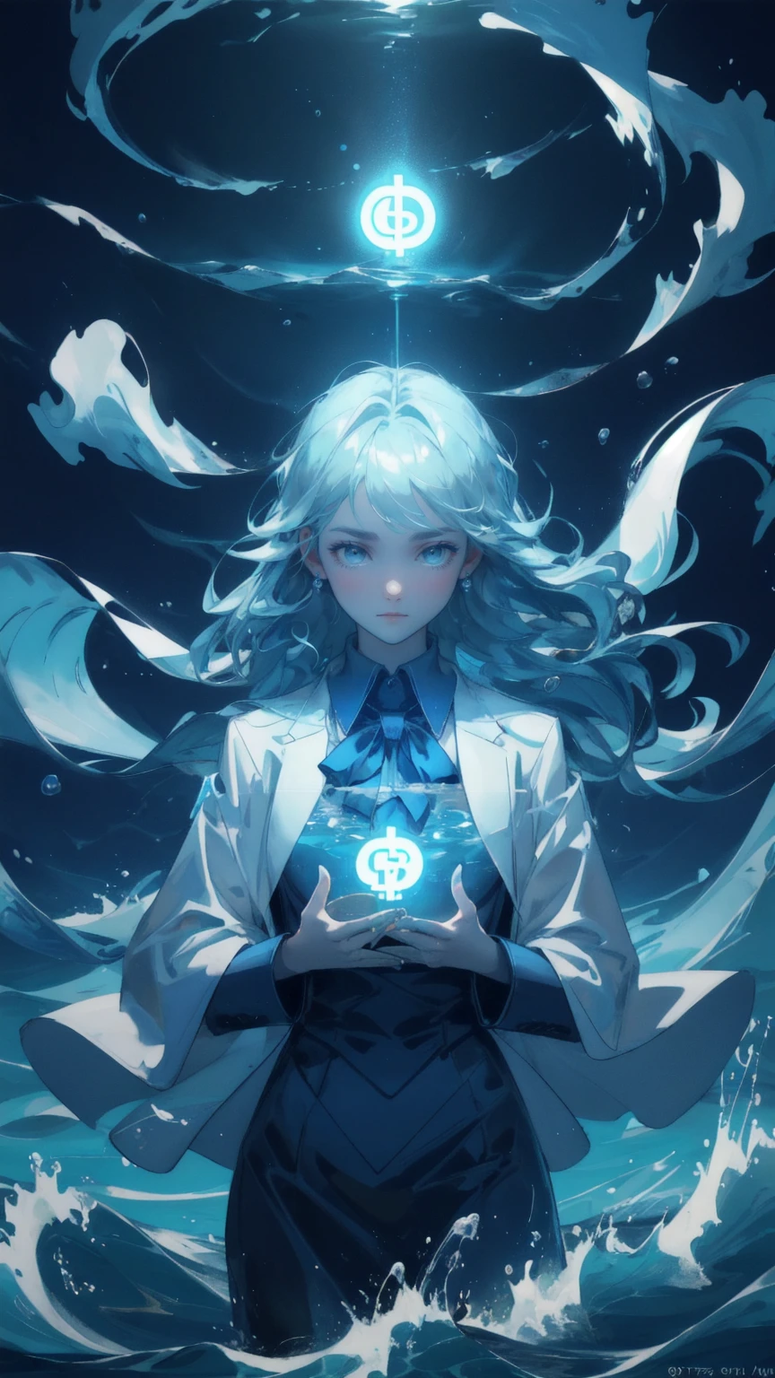 A powerful, ethereal entity with a frustrated expression, floating in a turbulent blue ocean of cryptocurrency. Bitcoins and dollar coins are scattered in the waves, and the figure is trying to control the chaos around them. The deep blue background reflects the overwhelming nature of the financial market, with the words 'Weak Hands Shakeout' subtly integrated into the swirling water.