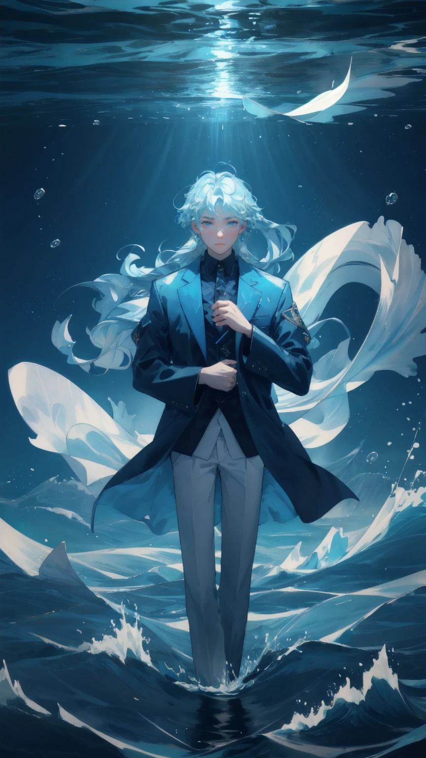 A powerful, ethereal entity with a frustrated expression, floating in a turbulent blue ocean of cryptocurrency. Bitcoins and dollar coins are scattered in the waves, and the figure is trying to control the chaos around them. The deep blue background reflects the overwhelming nature of the financial market, with the words 'Weak Hands Shakeout' subtly integrated into the swirling water.