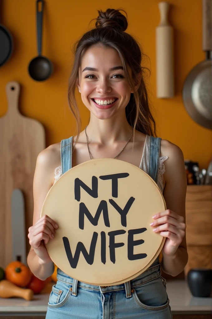 "Generate a playful photo of a wife with a cheeky expression, surrounded by humorous elements that reflect her loving but mischievous personality. She could be holding a sign that says 'I'm not bossy, I just have better ideas' or 'I love you, but don't test me'. Incorporate funny props like a rolling pin, a frying pan, or a laundry basket to add to the comedic effect."