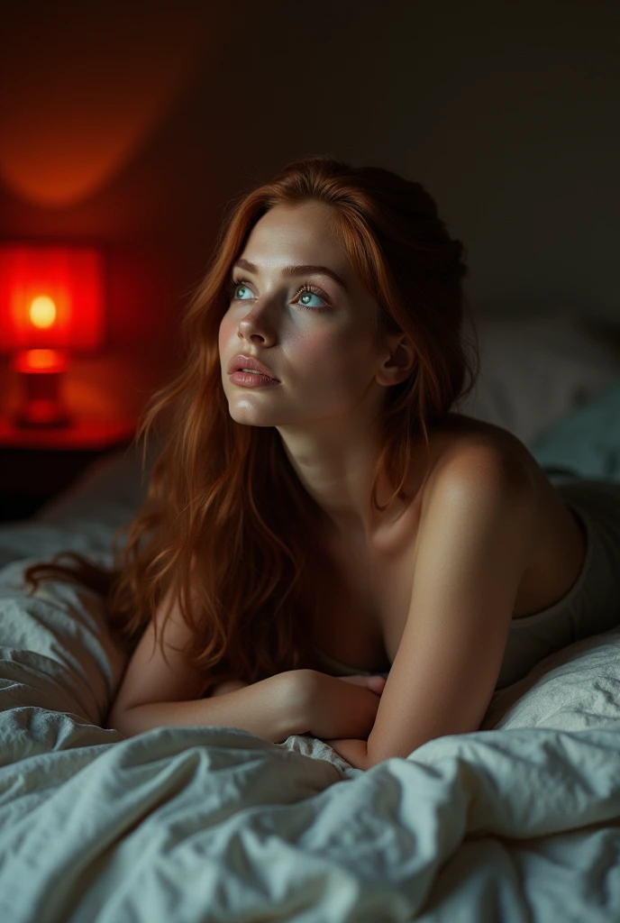 auburn hair girl with long straight brown hair, eyes with , without a cap lying on her back on a bed looking at the ceiling similar to Ariana Grenblaat. Red lighting in the room,skin texture,full body,from distance photoshoot,large breasts.