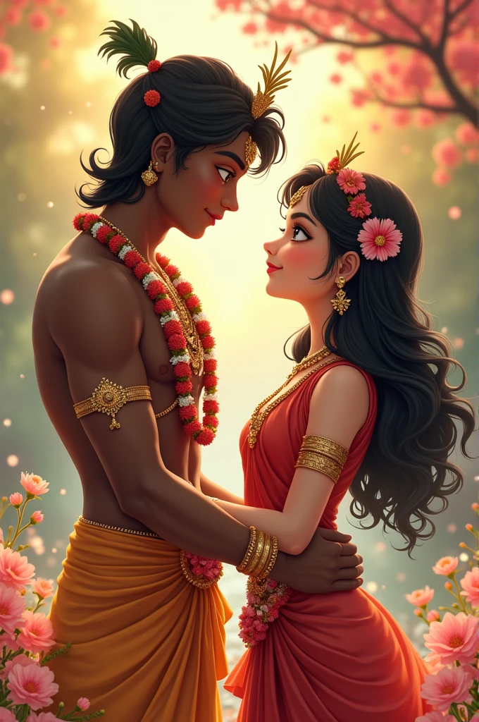 Anime couple, krishna with normal skin and radha