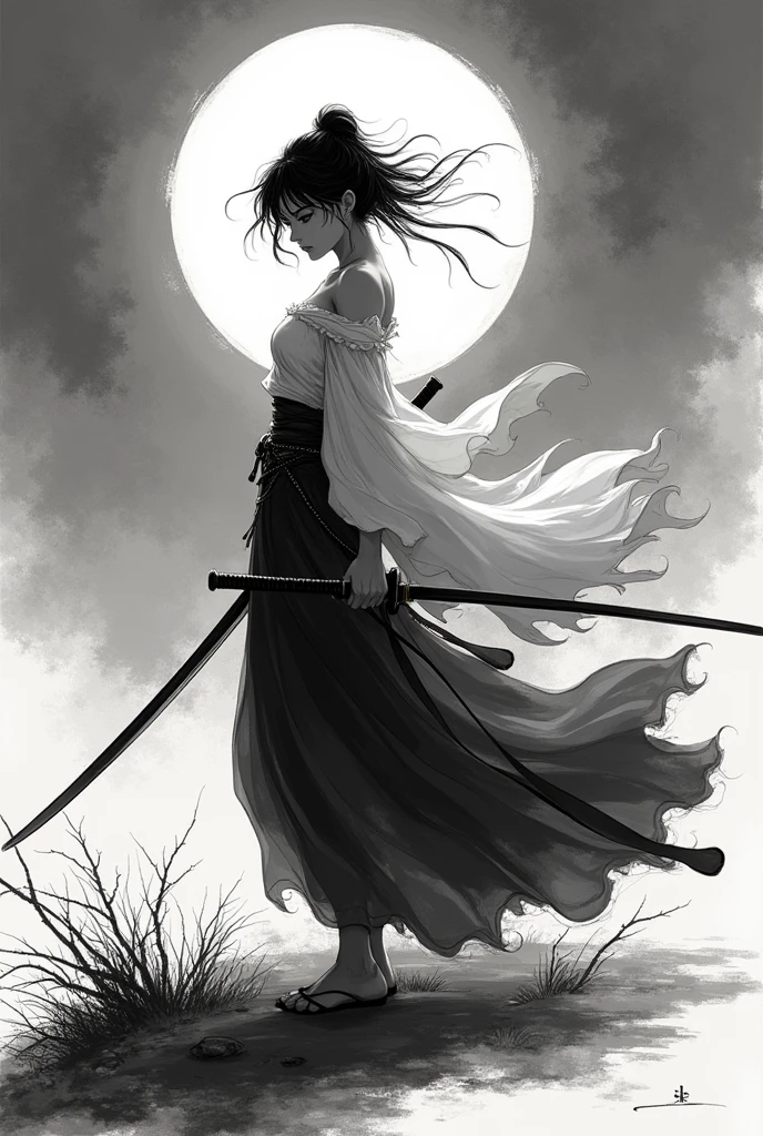 Ink Painting Japanese sword Beauty Black and White Gal Moonlit Night short hair The back is fluttering