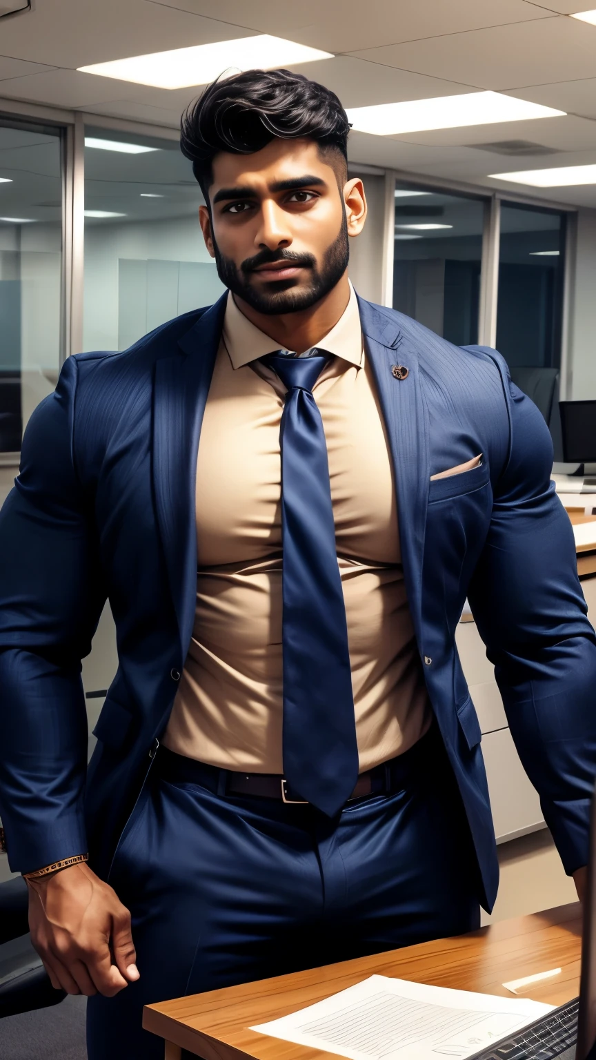 Indian gurjar ARJUN gay man in business suit, standing in office with spread legs, huge bulge