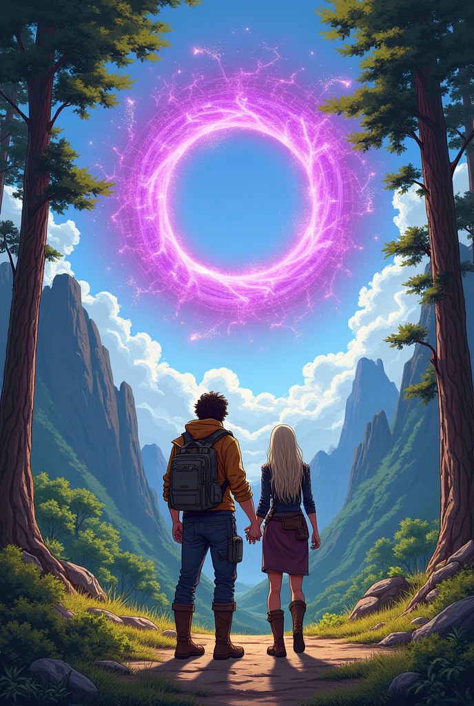 Style dessin
Journée ensoleillée,
Un homme type aventurier et une femme aux cheveux longs et clairs, d'une vingtaine d'années chacun se trouvant au millieu d'une clairière entourée d'arbres, de dos se tenant par la main, en tenue post apocalyptique s'aprettent à franchir un passage interdimensionnel circulaire tourbillonnant, la circonférence de ce vortex est est faite d'énergie crépitante et electrisée et émet une lueur violacée , il est situé à quelques mètres d'eux. Au travers duquel on aperçoit un plateau rocheux surplombant une vallée luxuriante. 