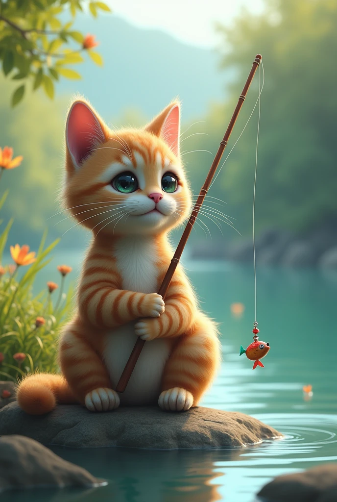 Cat is sitting and fishing with a fishing rod.