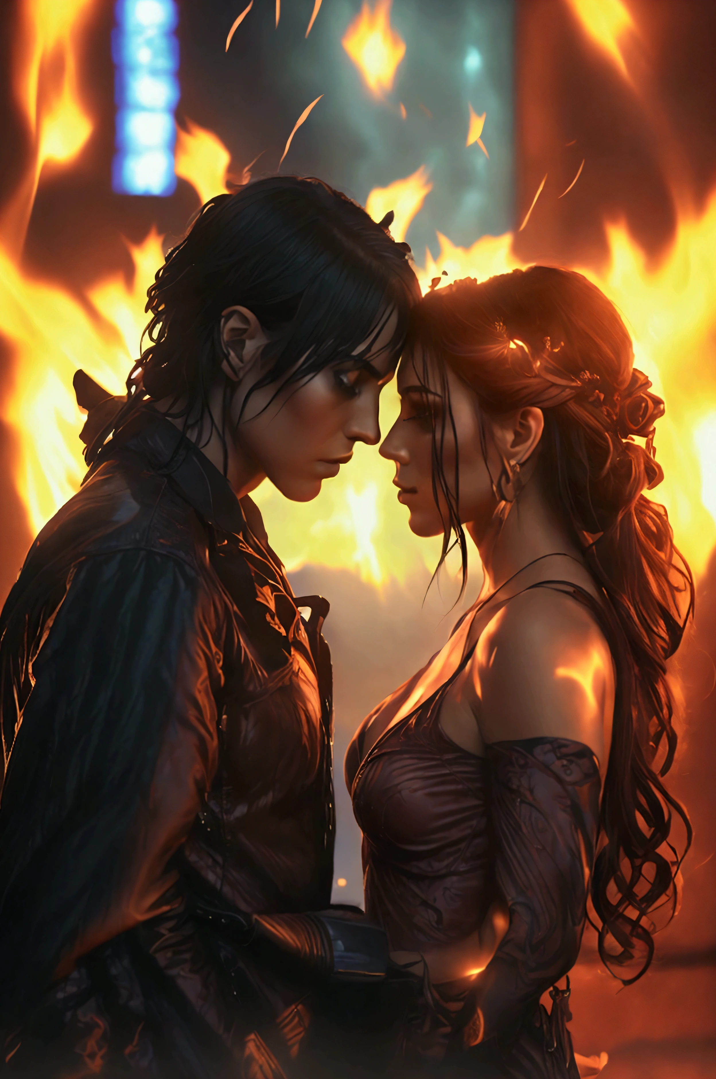 In a dark, neon-lit alley, Phoenix and Reyna find themselves alone after a high-stakes mission. The flames that usually surround Phoenix now burn low, casting a warm glow around them. Reyna’s gaze is intense, her vampiric allure irresistible. The air crackles with energy as they draw closer, their connection as volatile as the flames around them.