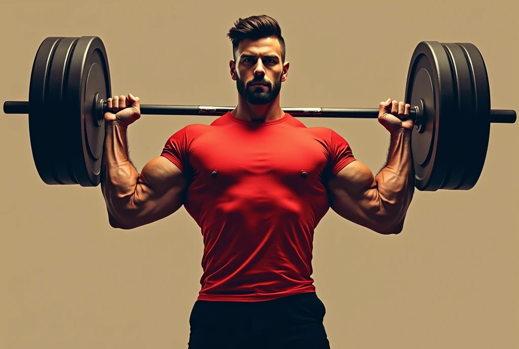 propaganda style poster, best quality, masterpiece, fill frame, full body, image of rugged handsome man, wearing plain red tshirt and black shorts, lifting a barbell, perfect fingers, perfect hands, perfect face, perfection, no background
