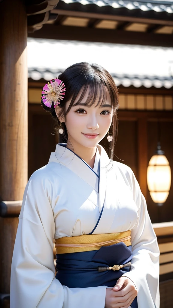 (Super beautiful woman in kimono)、((highest quality、8K masterpiece:1.3))、sharp focus:1.2、(super beautiful face:1.0)、(shiny skin:1.0)、realistic pictures、black hair、video lighting、High resolution eyes and face、video lighting、japanese actress、from the front、with a happy smile、whole body、wearing a kimono、in Kyoto、(luxury obi)、with a fan、Fireworks Display
