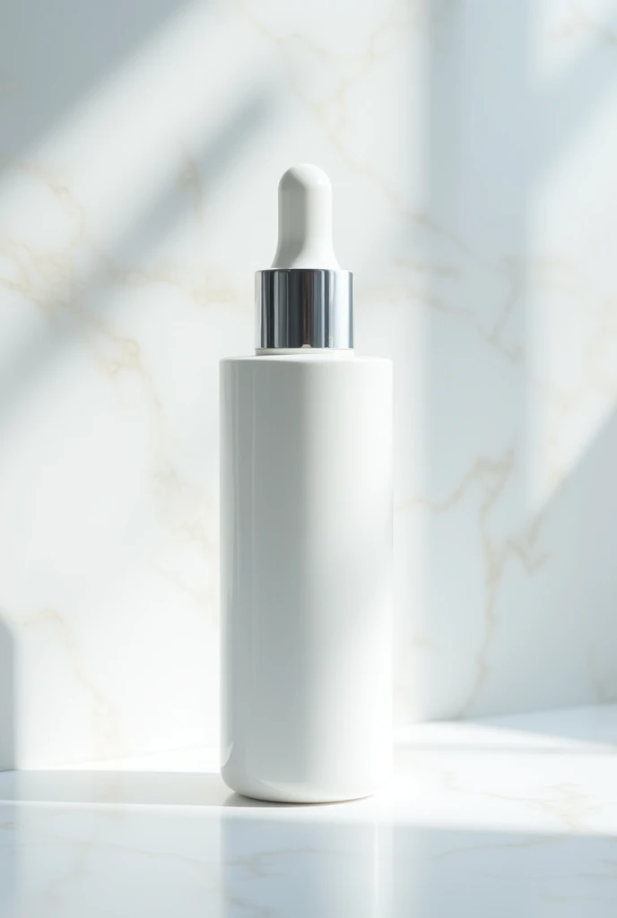 A sleek, glossy image of the serum bottle placed against a white marble background. Light subtly reflects off the bottle to emphasize the ‘glow’ effect.