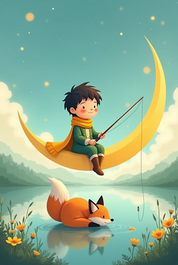 ultra-detailed, 1cute little prince, wearing a bright yellow scarf, green cloak, sitting on a crescent moon, holding a fishing rod, northern fox curled up at his feet, serene lake below, beautiful bright colors, fairytale-like scene, soft background, vivid colors, gentle lighting, charming, storybook illustration, illustration, Romanticism, anime, Ghibli-like colours, anime style, best quality, 8k, highres, masterpiece, UHD, masterpiece, accurate, anatomically correct, 8k, award winning