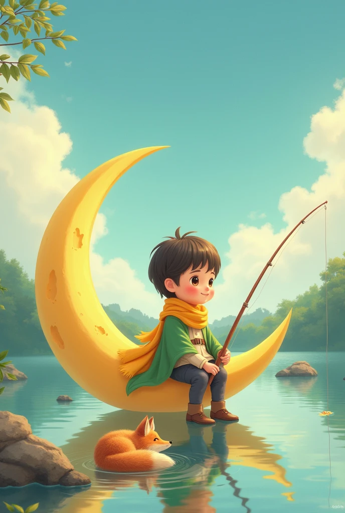 ultra-detailed, 1cute little prince, wearing a bright yellow scarf, green cloak, sitting on a crescent moon, holding a fishing rod, northern fox curled up at his feet, serene lake below, beautiful bright colors, fairytale-like scene, soft background, vivid colors, gentle lighting, charming, storybook illustration, illustration, Romanticism, anime, Ghibli-like colours, anime style, best quality, 8k, highres, masterpiece, UHD, masterpiece, accurate, anatomically correct, 8k, award winning