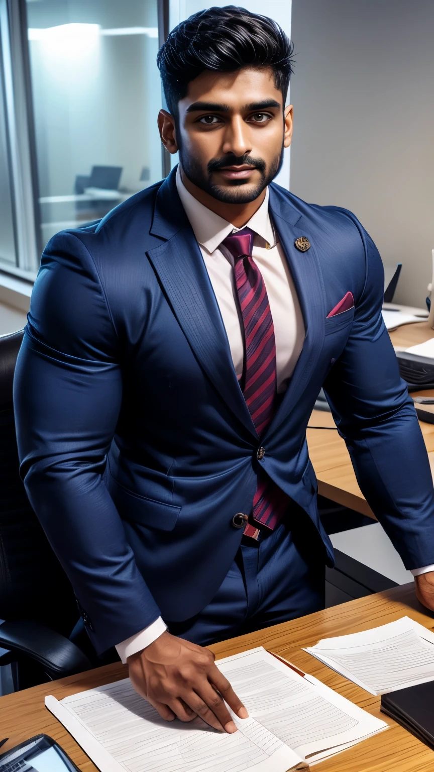 Indian gurjar ARJUN gay man in business suit, standing in office with spread legs, huge bulge
