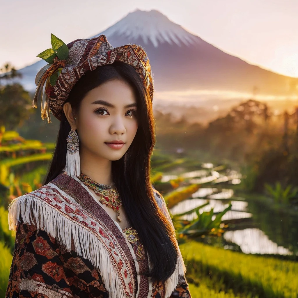 (best quality, masterpiece), 1girl, intricate details, beautiful detailed face,
Generate img
TYPE : Celebgram Photos
THEME : Nature
RACE : Indonesian
PERSON : Early 20s, girl
SCENE : A beautiful Sasak woman from Lombok Island, 20 years old, white skinned, black hair, wearing a kebaya, wearing a songket sarong as her bottom, posing against the backdrop of rice fields and Mount Rinjani,
PROPS: huts and green rice fields, streams and forests.
CAMERA : photographed using an Canon eos 90d DSLR camera with 18-135mm lens
, celebgram preset, skin texture , detailed face , use presets like celebgram photos.
ANGLE : angled from sky ,High Dynamic Range (HDR) shot , rule of third
adjust the gesture as in the example image