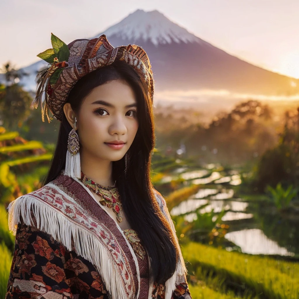  (best quality, masterpiece), 1girl, intricate details, beautiful detailed face,

Generate img
TYPE : Celebgram Photos
THEME : Nature
RACE : Indonesian
PERSON  : Early 20s,  girl
SCENE : A beautiful Sasak woman from Lombok Island, 20 years old, white skinned, black hair, wearing a kebaya, wearing a songket sarong as her bottom, posing against the backdrop of rice fields and Mount Rinjani,
PROPS: huts and green rice fields, streams and forests. 

CAMERA : photographed using an Canon eos 90d DSLR camera with 18-135mm lens
, celebgram preset, skin texture , detailed face , use presets like celebgram photos.
ANGLE : angled from sky ,High Dynamic Range (HDR) shot , rule of third
adjust the gesture as in the example image
