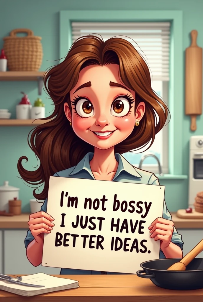 "Generate a playful cartoonist AI image of a wife with a cheeky expression, surrounded by humorous elements that reflect her loving but mischievous personality. She could be holding a sign that says 'I'm not bossy, I just have better ideas' or 'I love you, but don't test me'. Incorporate funny props like a rolling pin, a frying pan, or a laundry basket to add to the comedic effect."