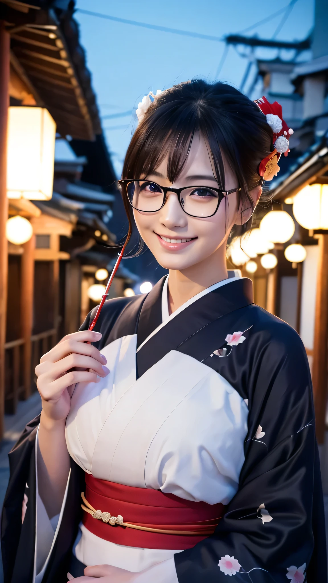 (Super beautiful woman in kimono)、((highest quality、8K masterpiece:1.3))、sharp focus:1.2、(super beautiful face:1.0)、(shiny skin:1.0)、realistic pictures、black hair、video lighting、High resolution eyes and face、video lighting、japanese actress、from the front、big breasts、with a happy smile、Slender abs beauty、whole body、wearing a kimono、in Kyoto、(((luxury obi)))、In Kyoto at night、wearing glasses with no edge、with a fan、Fireworks Display