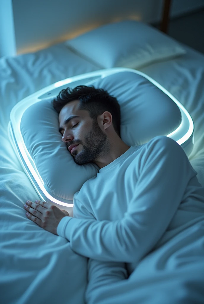 A sleeping man using futuristic pillow who record the dreams, show only pillow not machine