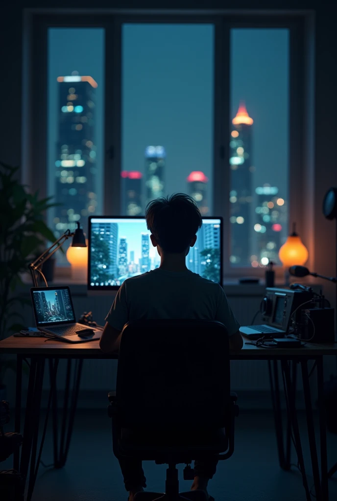 Teenage boy sitting in a youtube studio all alone , creating a youtube video Looking forward to the camera as he speaks dark studio. And there is a window behind him outside.The window is a city