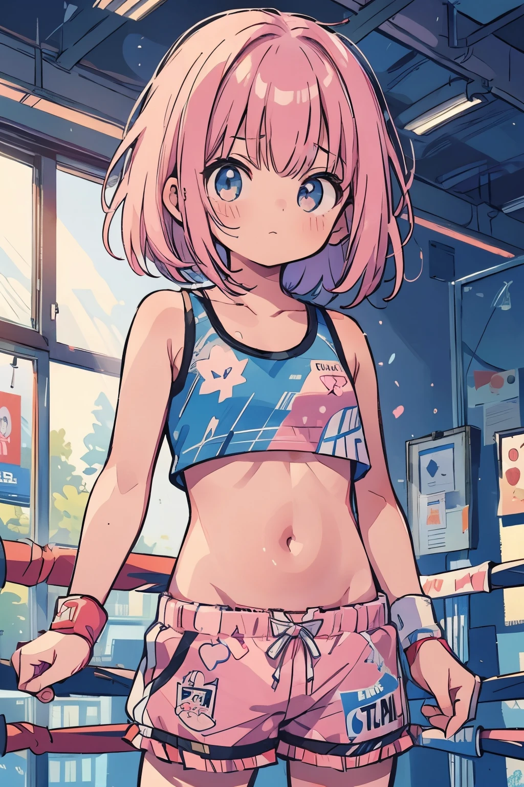 (boxing:1.3)、(:1.1)、belly button、stomach、cool、Shorts、Shortcuts、Pink Hair、Serious expression、strong、(Closed Mouth:1.1)