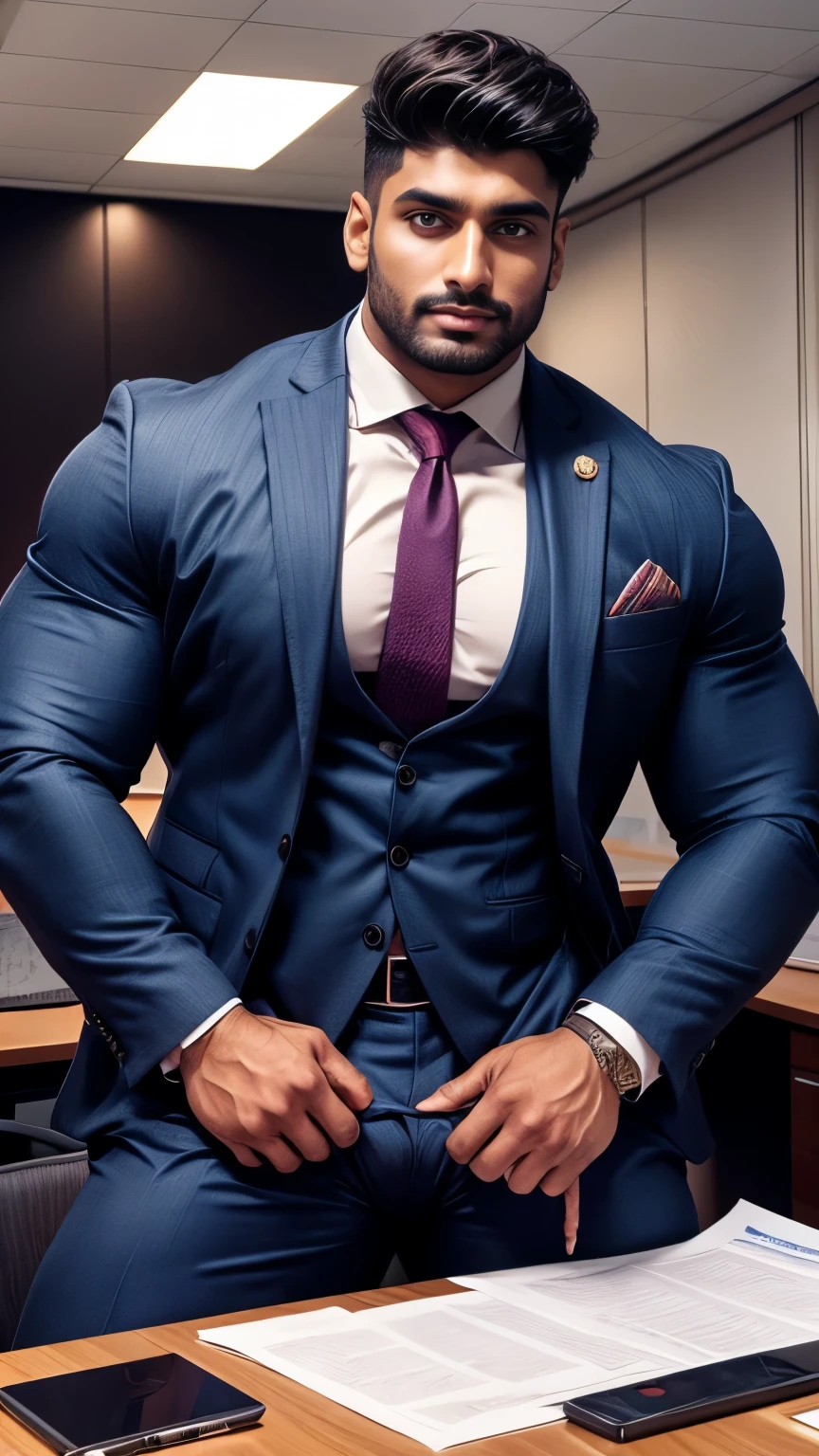 Indian gurjar ARJUN gay man in business suit, standing in office with spread legs, huge bulge