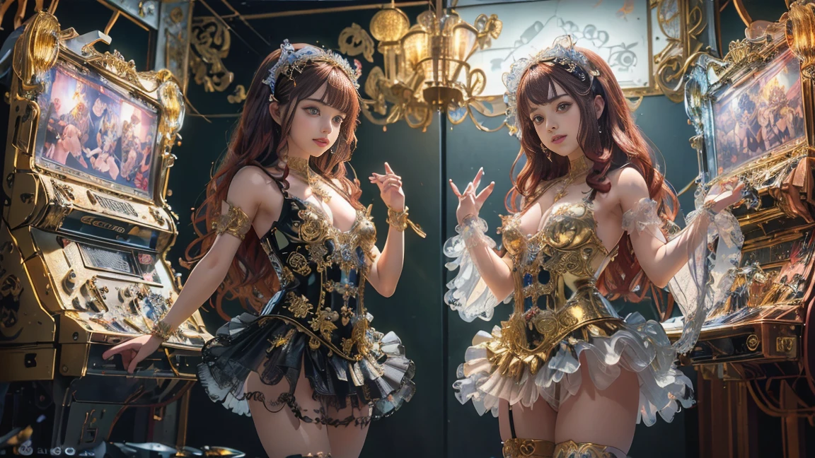 (masterpiece: 1.2), (best quality: 1.2), newest and most intricate details ((nsfw)), american shot: 1.4, revealing cleavage, bare breasts, ((standing)), back view, perfect anatomy, ((small body)), small face, beautiful legs , detailed face, ((flat chest)), red hair, very long hair fluttering, mischievous face, photo-realistic theme, beautiful android girl, (mechanical body), vibrant colors ((detailed mechanical parts visible)), relief decoration on the body. , shiny gold on black, white (floral design embellishments on mechanical parts), lace dress and black latex mini leotard (tutu: 1.2), playing with teddy bears, ((intricate arcade machines)), arcade, arcade machines , joystick, arcade monitors, newest, AI generate
