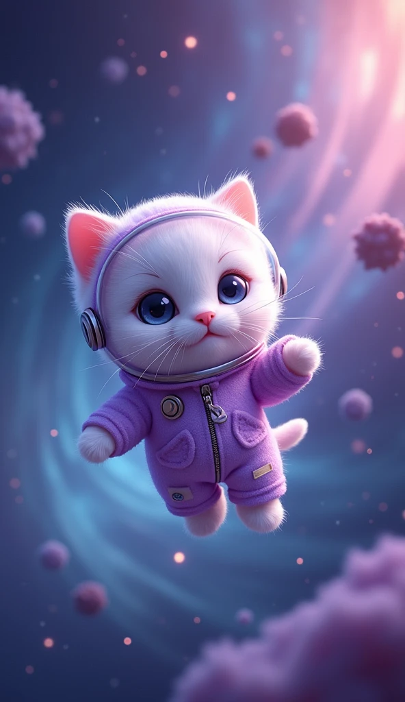 Cute miniature 'light purple and white' kitten as astronaut flying in the space, stars, comet and galaxy as background.
