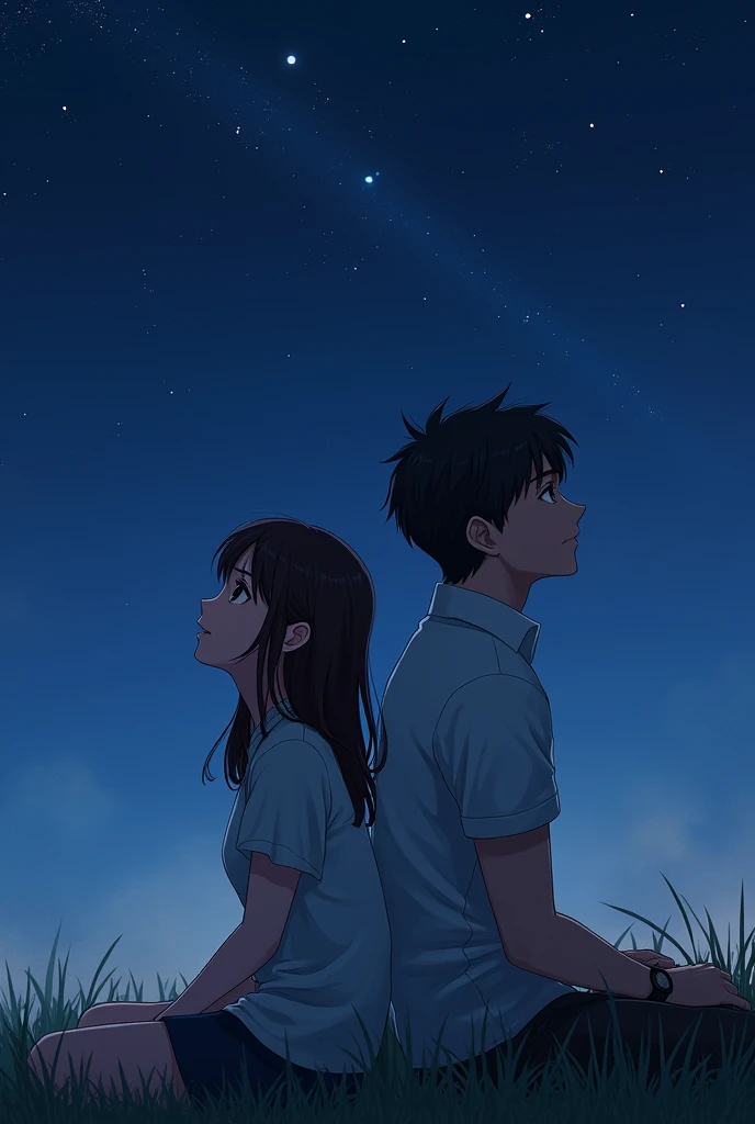 Create a girl with Japanese features, Brown hair with bangs and eyes of the same color but dark. On the side, a boy with French features, brown hair approaching black and blue eyes. Both watching the stars, with their backs to each other. realist