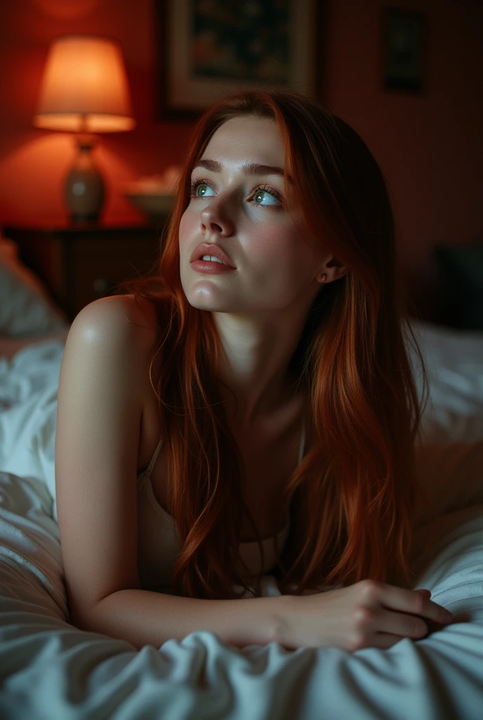 auburn hair girl with long straight brown hair, eyes with , without a cap lying on her back on a bed looking at the ceiling similar to Ariana Grenblaat. Red lighting in the room,skin texture,full body,from distance photoshoot,large breasts.