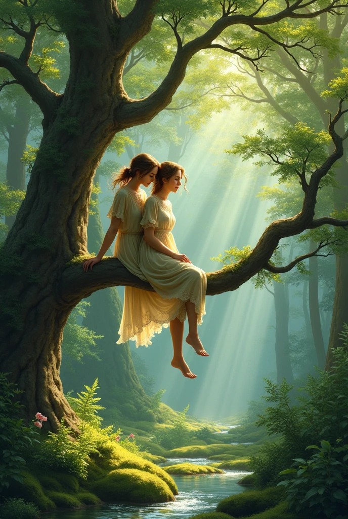 Women on tree in forest