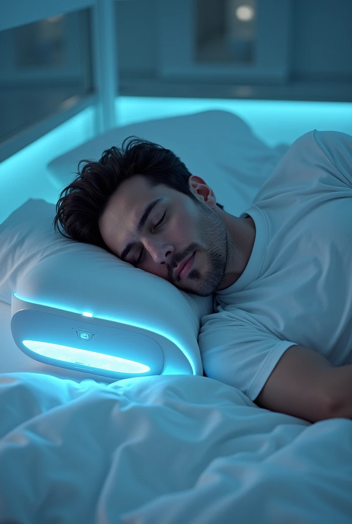 A sleeping man using futuristic pillow who record the dreams, show only pillow not machine