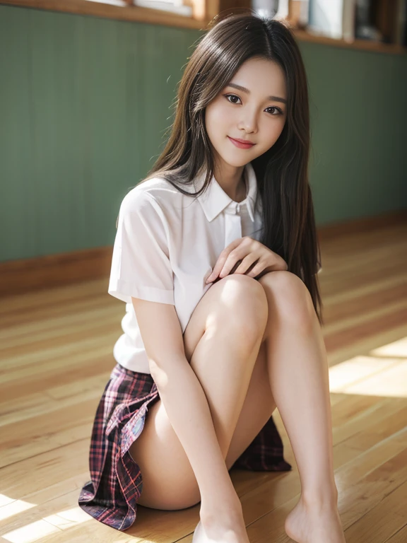 8k, Raw photo, highest quality, masterpiece:1.2), masterpiece, highest quality, figure, Very detailed, Fine details, High resolution, 8k,wallpaper, Perfect dynamic composition,(Detailed high quality, Realistic depiction of eyes:1.3)、A woman who has been and has her hands tied、Arms wrapped around his back, hands tie behind back, Sitting on a bright gym floor with feet together and knees bent in front of each other、With legs wide open、Tartan plaid pleated skirt、whole body、White panties are visible、The whole thing faces forward、21talent、Beauty、Well-formed face、Make your eyes even、Beautiful black hair、Has bangedium build、Well-balanced proportions、Beautiful legs、Short sleeve blouse、Fresh face、Beautiful scenery、smile、Large Breasts