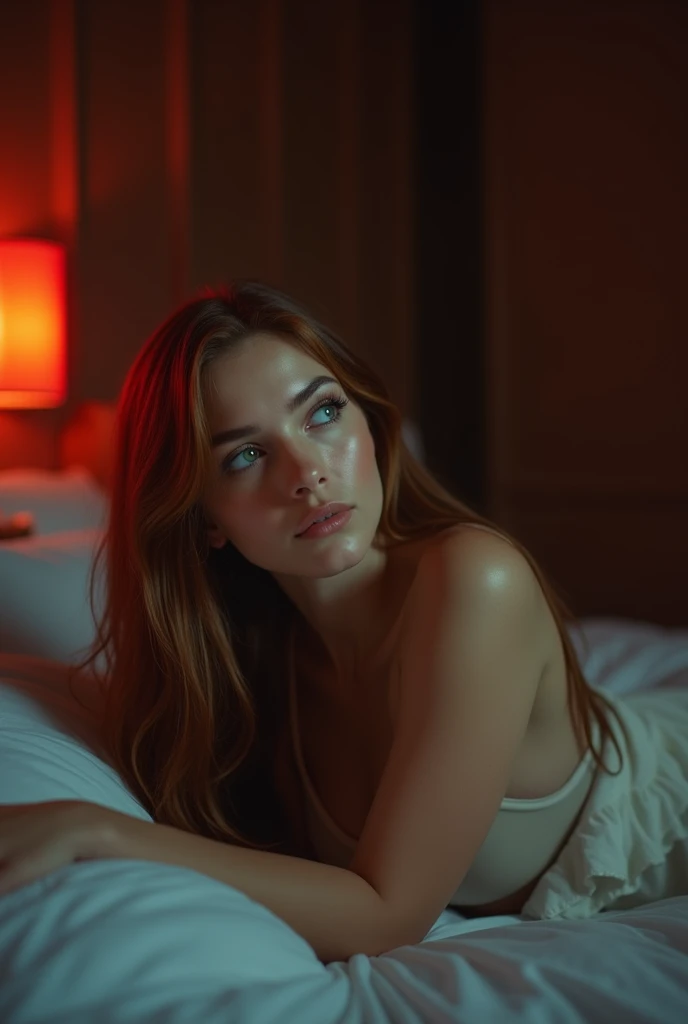 auburn hair girl with long straight brown hair, eyes with , without a cap lying on her back on a bed looking at the ceiling similar to Ariana Grenblaat. Red lighting in the room,skin texture,full body,from distance photoshoot,large breasts.