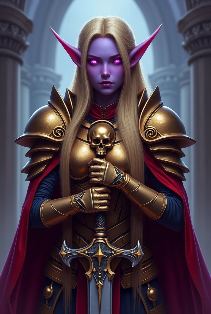 Game theme World of Warcraft Image of a 32-year-old blonde elf standing holding her favorite sword,dark purple Skin,blood elf Paladin Wow, Long elf ears, glowing purple eyes, golden armor, Golden Pauldrons, Golden skull Pauldron, Gold and Red Chestpiece,golden Gauntlets, Dark red tabard,  dramatic tones. A masterpiece with the highest resolution. , Surrealist image type