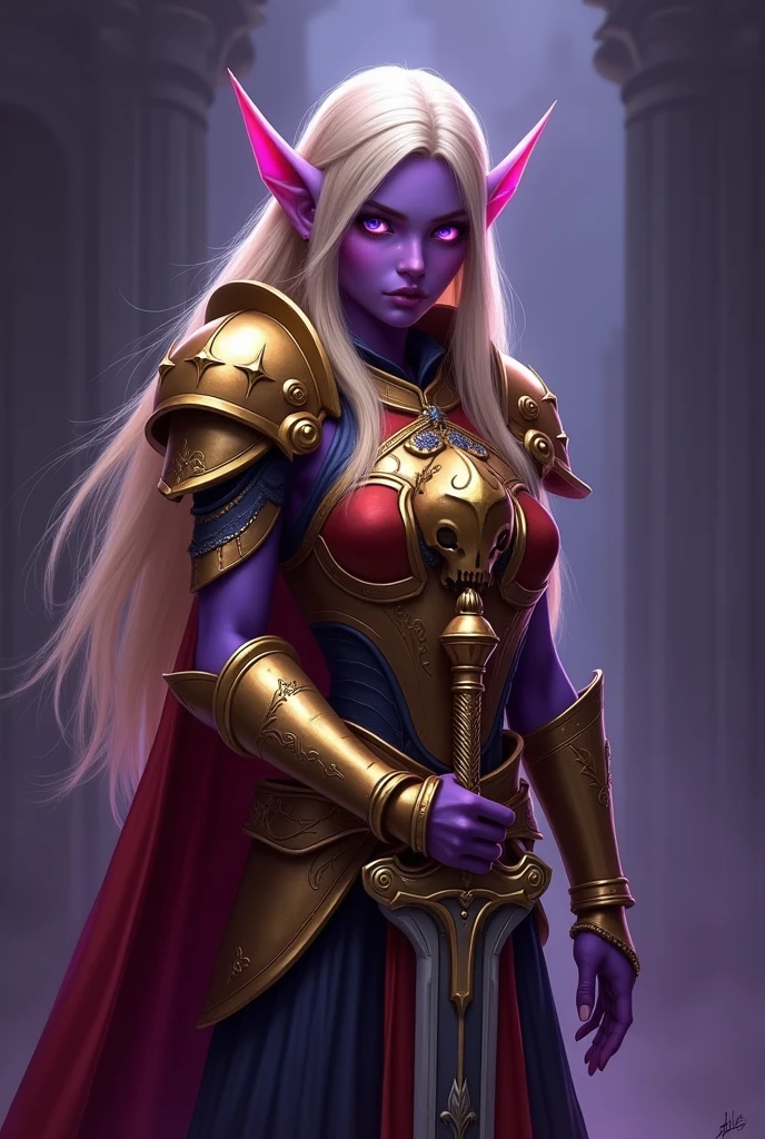 Game theme World of Warcraft Image of a 32-year-old blonde elf standing holding her favorite sword,dark purple Skin,blood elf Paladin Wow, Long elf ears, glowing purple eyes, golden armor, Golden Pauldrons, Golden skull Pauldron, Gold and Red Chestpiece,golden Gauntlets, Dark red tabard, dramatic tones. A masterpiece with the highest resolution. , Surrealist image type