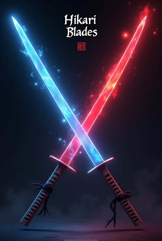 "Create an image of two crossed anime katanas, one with a blue blade and the other with a red blade. The katanas should be detailed with traditional Japanese hilt designs, and they should appear sharp and glowing slightly. The text 'Hikari Blades' should be written upside down in a stylish, modern font, centered above the crossed katanas. The background should be dark, allowing the colors of the katanas to stand out. The image should be in a 1:1 aspect ratio."