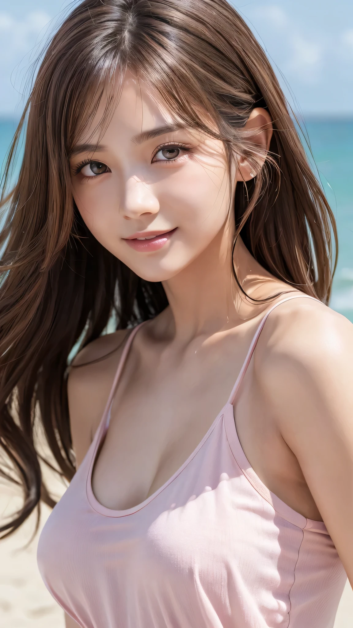 highest quality、genuine、Super detailed、finely、High resolution、8k wallpaper、one beautiful woman、、、light brown disheveled hair、wearing a pink tank top、sharp focus、perfect dynamic composition、beautiful and detailed eyes、thin hair、Detailed genuine skin texture、smile、model body shape、In a seaside