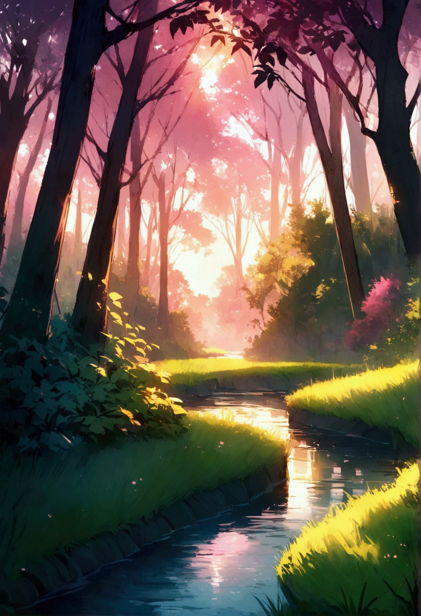 "A tranquil and mystical twilight scene in a lush green forest with a gently flowing river. The trees are dense with vibrant green foliage, and the sky is bathed in the soft, warm hues of the setting sun. The golden and pink light filters through the leaves, casting gentle shadows and creating a serene, peaceful atmosphere. The forest feels alive yet calm, with a hint of mystery as dusk approaches, deepening the colors and enhancing the natural beauty of the landscape."