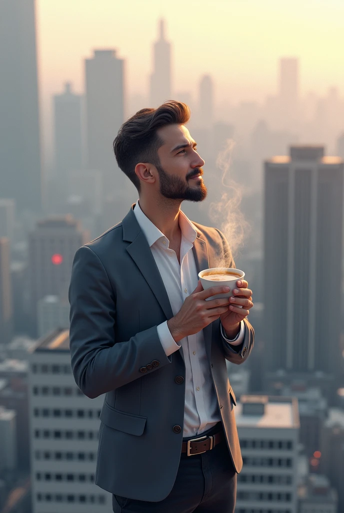A man have a cup of tea standing on bulding