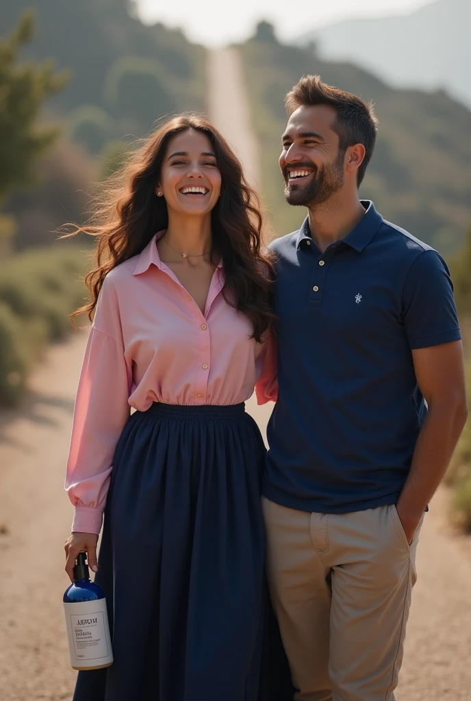 A real life beautiful Lebanese woman on a beautiful long sleeve pink shirt and navy blue long skirt with her American male partner on a navy blue attire and chinos, smiling on a long road alone, holding a large skin care lotion bottle in one hand, smiling and happy, with a subtle background of stars or a compass, symbolizing their journey together being guided by destiny.

With a caption of: I Write Books on Skincare, Relationship and Destiny.