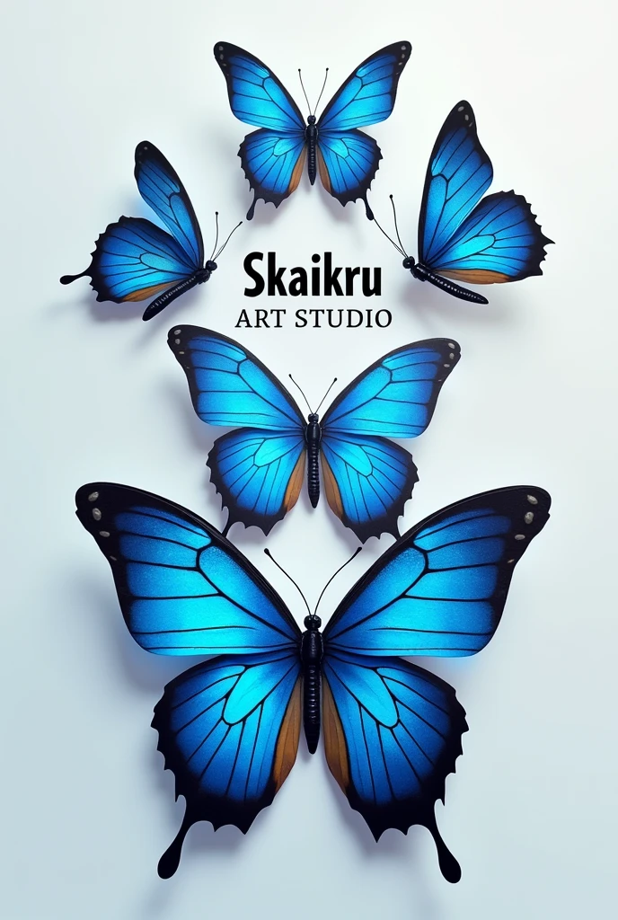 A square-sized logo for an Instagram photo: Inspired by the series of "The 100" and the bright blue butterflies that come out of it, Place several butterflies and in the center black letters that say SKAIKRU ART STUDIO 
