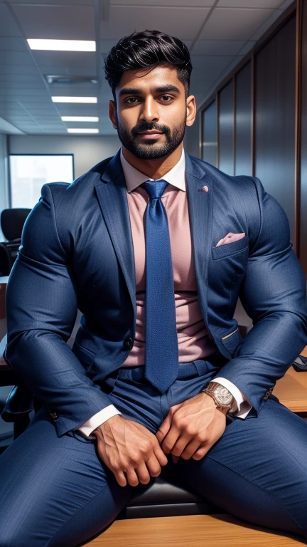 Indian gurjar ARJUN gay man in business suit, standing in office with spread legs, huge bulge