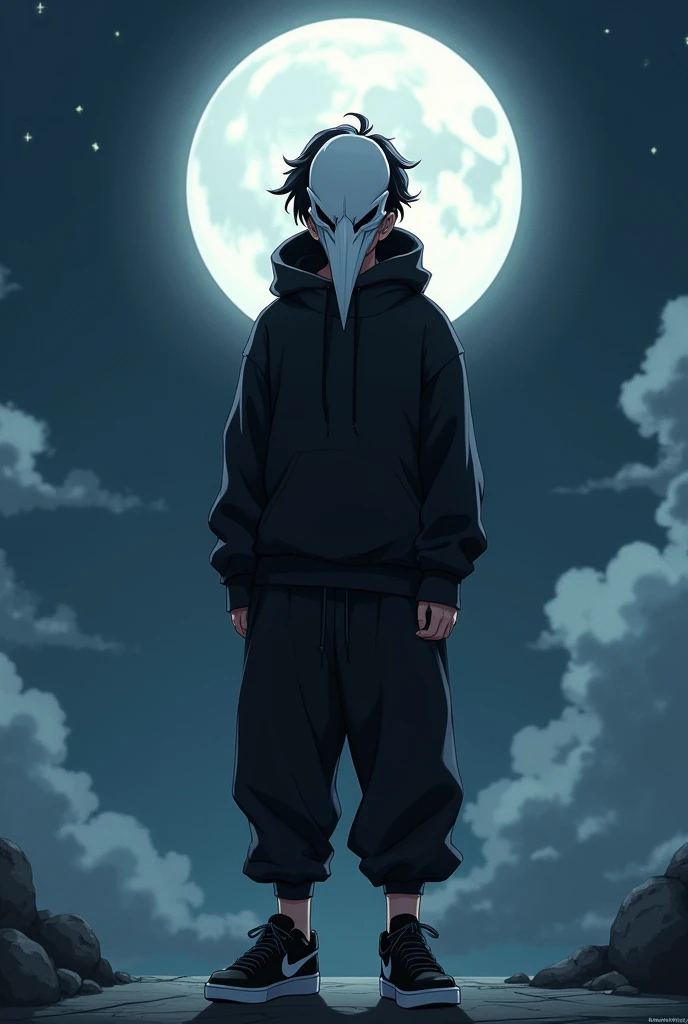 I created an anime-type drawing with a boy with a white crow mask,black pantaloon,black sweatshirt and black tennis shoes and put the moon in the background