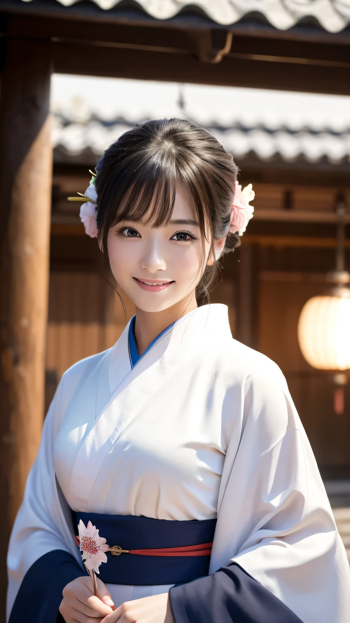 (Super beautiful woman in kimono)、((highest quality、8K masterpiece:1.3))、sharp focus:1.2、(super beautiful face:1.0)、(shiny skin:1.0)、realistic pictures、black hair、video lighting、High resolution eyes and face、video lighting、japanese actress、from the front、with a happy smile、whole body、wearing a kimono、in Kyoto、(luxury obi)、with a fan、Fireworks Display