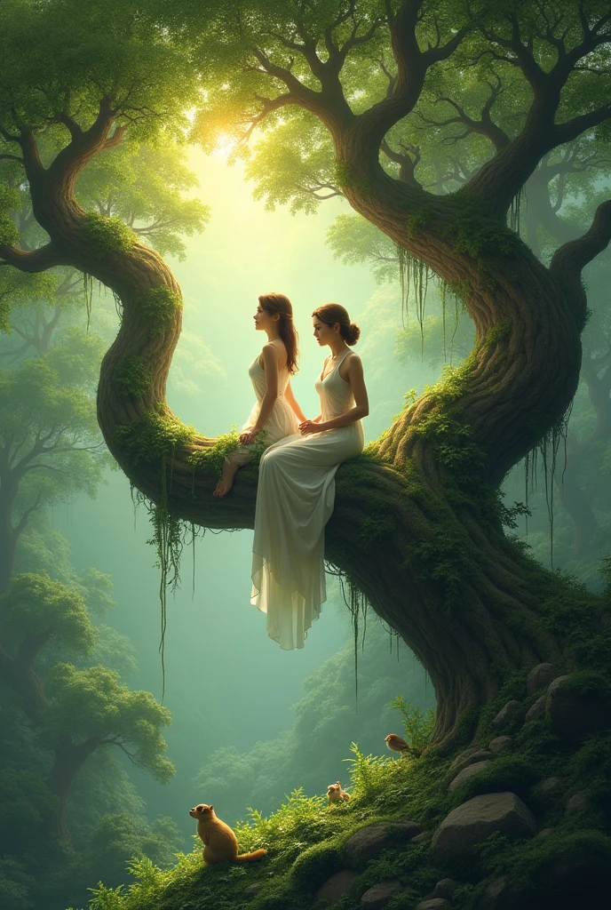Women on big tree in forest